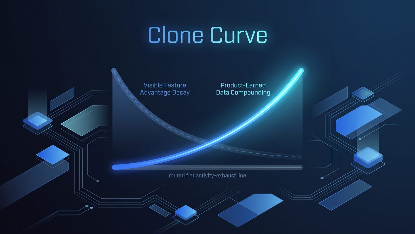 Line chart comparing a declining visible-feature advantage with a rising product-earned-data advantage, plus a flat line for raw activity logs that do not affect product decisions.