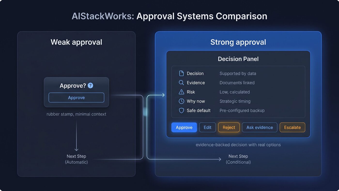 Side-by-side comparison of a weak approval card with almost no context and a strong approval card that includes evidence, risk, timing, safe default, and multiple decision paths.