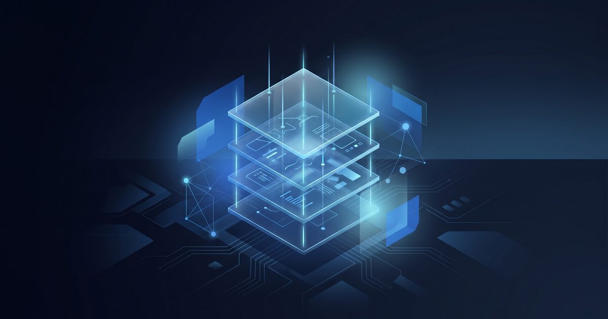 Abstract dark-blue schematic of a compact set of connected tool blocks forming one integrated stack