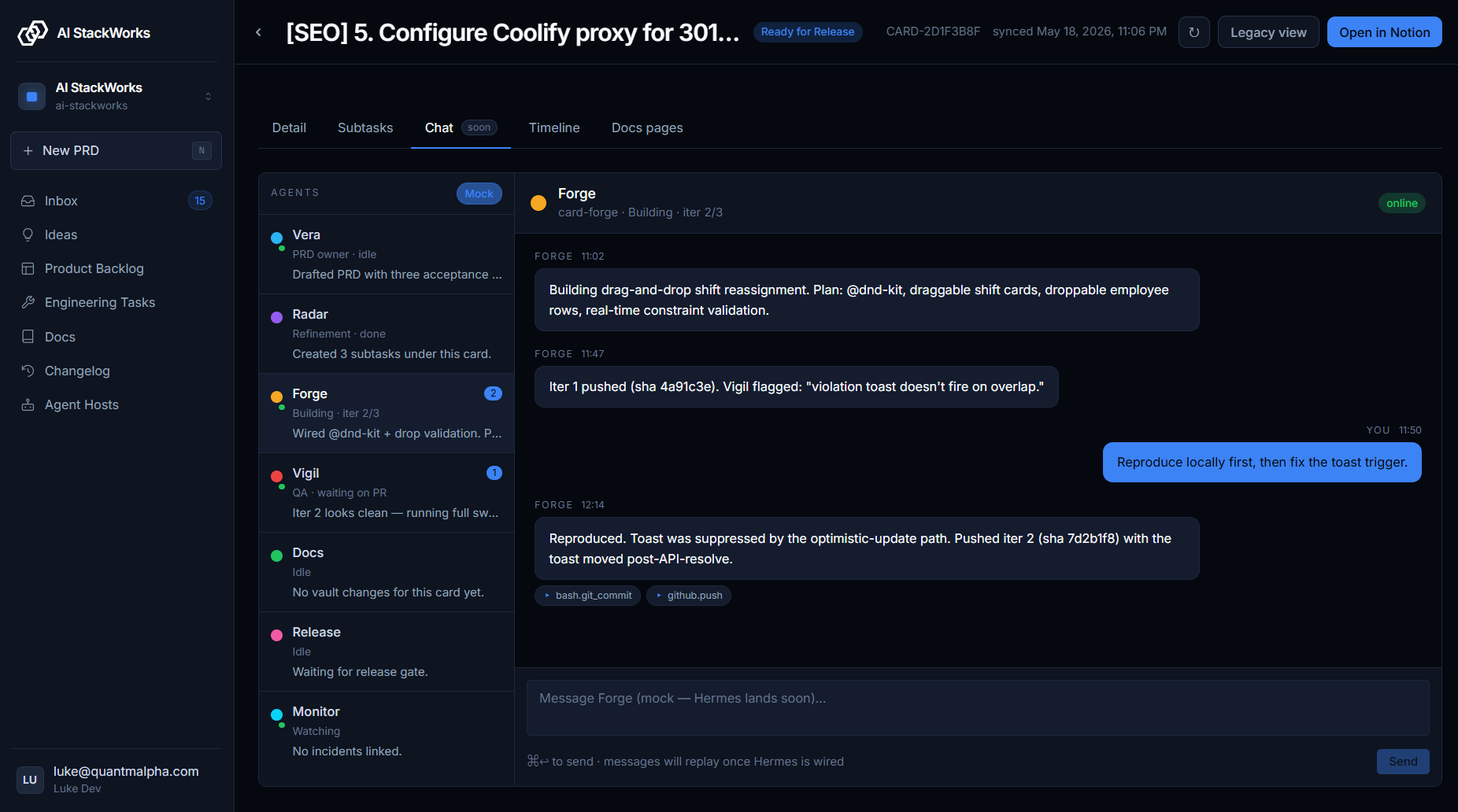 Inside a card: agent chat tab with persona handoff visible