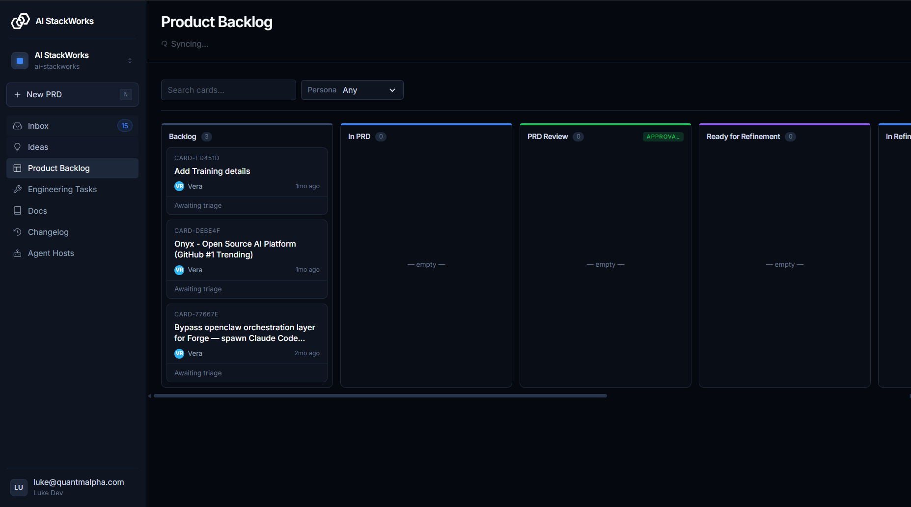 The kanban Product Backlog view with Plan-track columns and human-gate styling