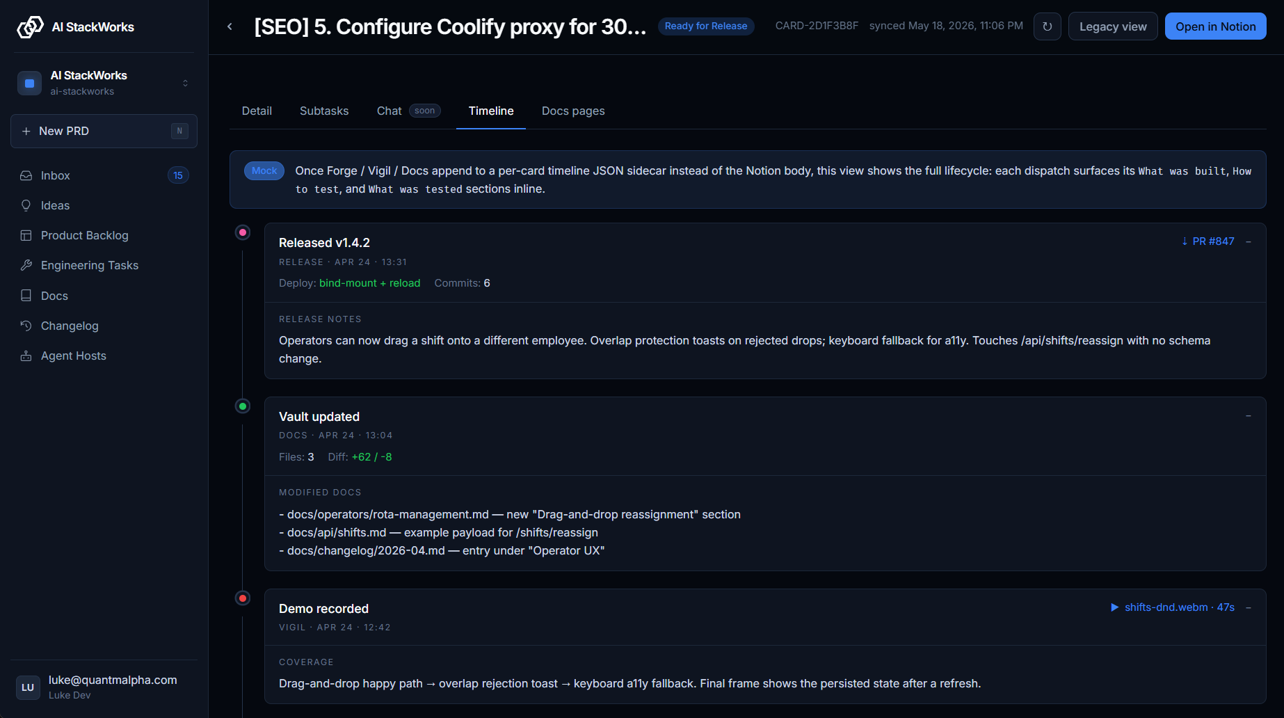 A card's Timeline tab showing release, vault update, and demo recording events