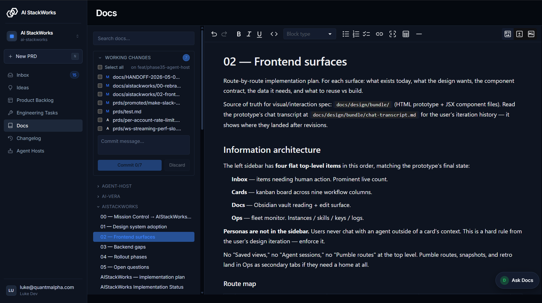 A docs vault page with the file tree and working changes rail