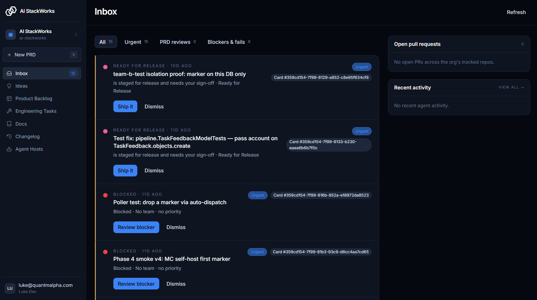Inbox feed with filter chips and action CTAs per row